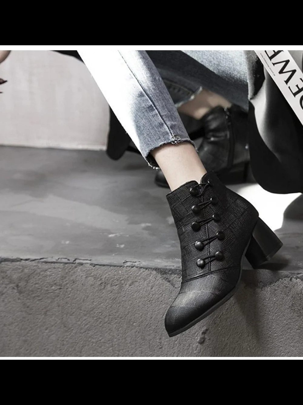 Black Women's Textured Button-Accent Ankle Boot